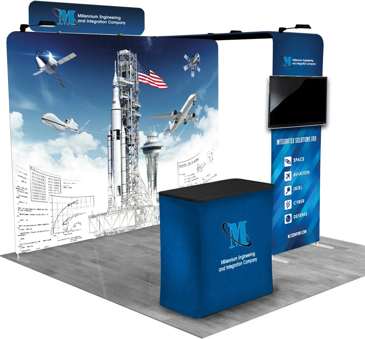 Blue Millennium Engineering and Integration exhibition display with aerospace imagery